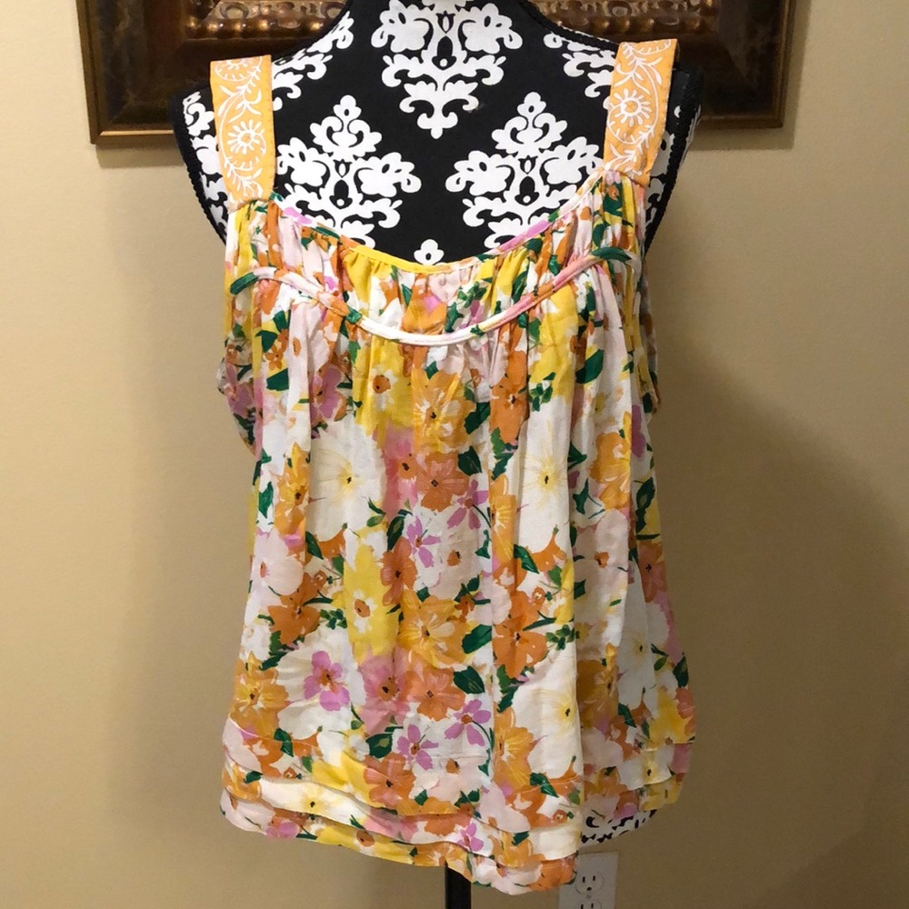 🛍Rachel Zoe Sleeveless Bohemian shirred fabric stitch layered hem top